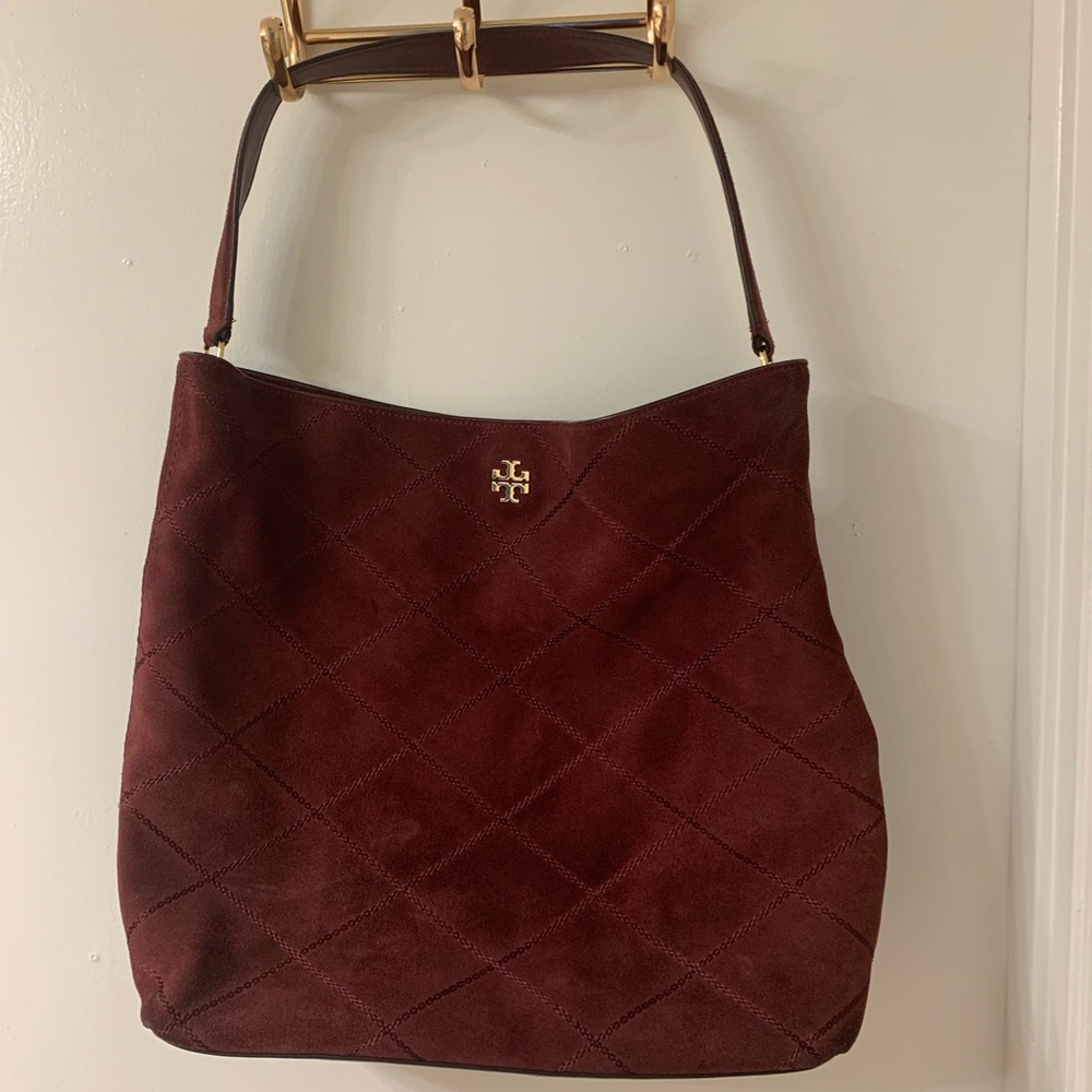 Tory Burch Frida Stitched Wine Suede Hobo Bag